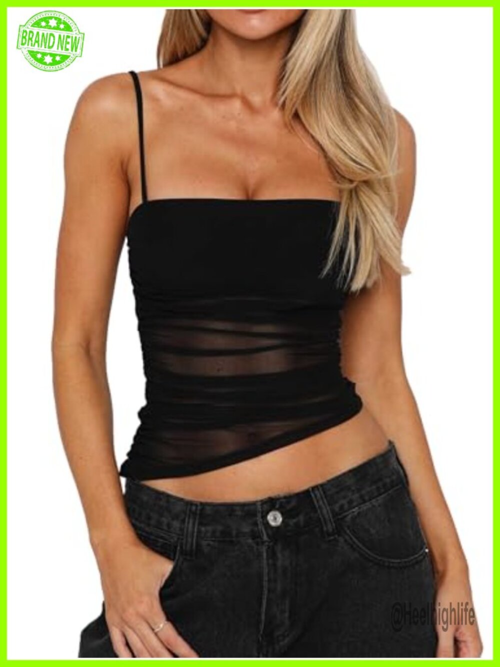 Women's Sexy Mesh Asymmetrical Crop Top Spaghetti Strap Y2K Clubwear